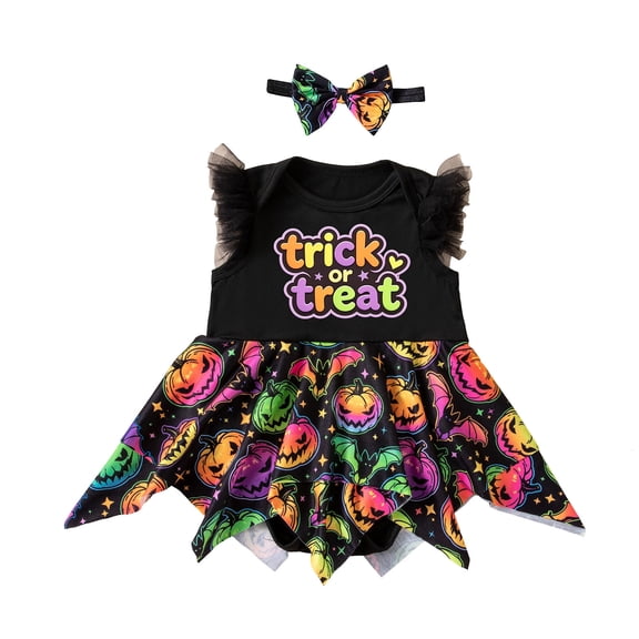 Yuncity Romper Halloween Girls Crew Neck Cap Sleeve Dress Letter Pumpkin Print Comfort Casual Lovely Onesie 1-3 Month Black