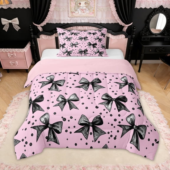 Erosebridal Black Pink Polkadots Bow Twin Comforter Sets for Girls, Dreamy Princess Bedding Set, Pink Reversible, 2 Pieces