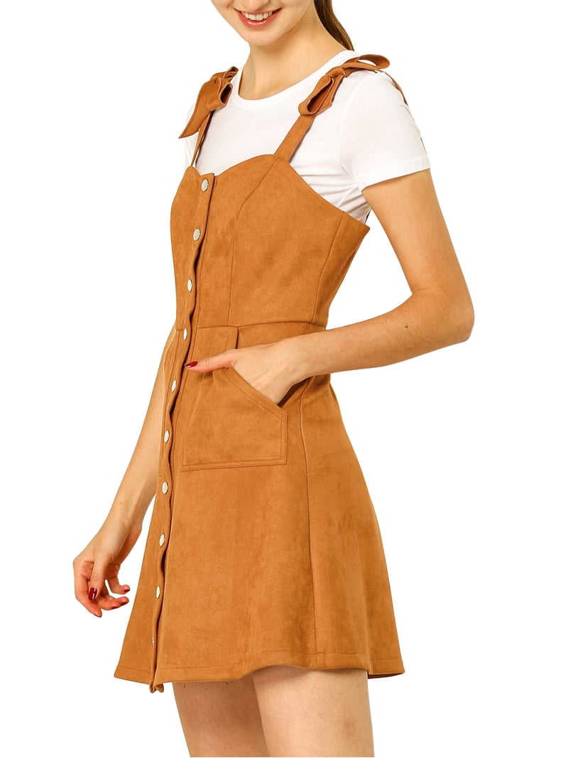 brown suede overall dress Inspire Chic Women's Faux Suede A Line Short Button up Overall Dresses L Brown, Size: Large