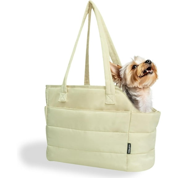 Lightweight Dog Purse Carrier for Small Dogs Under 15 lbs, Puffy Quilted Pet Carrier Tote for Puppies with Safety Leash Clip, Women's Hands-Free Dog Carrier Bag for Travel/Shopping (Beige)