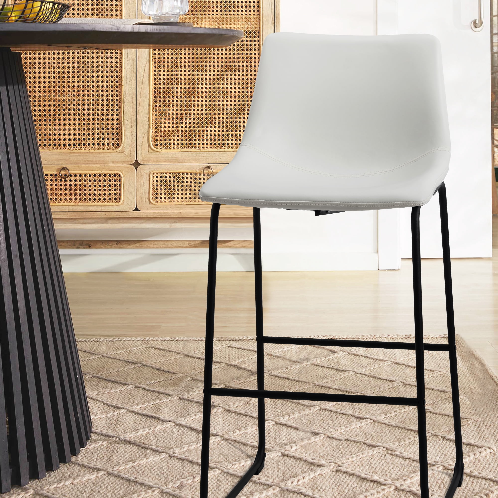 Set of 2 Fabric Bar Stools Low Back Counter Height Bar Stool with Leather Pub Chairs Height 39" White