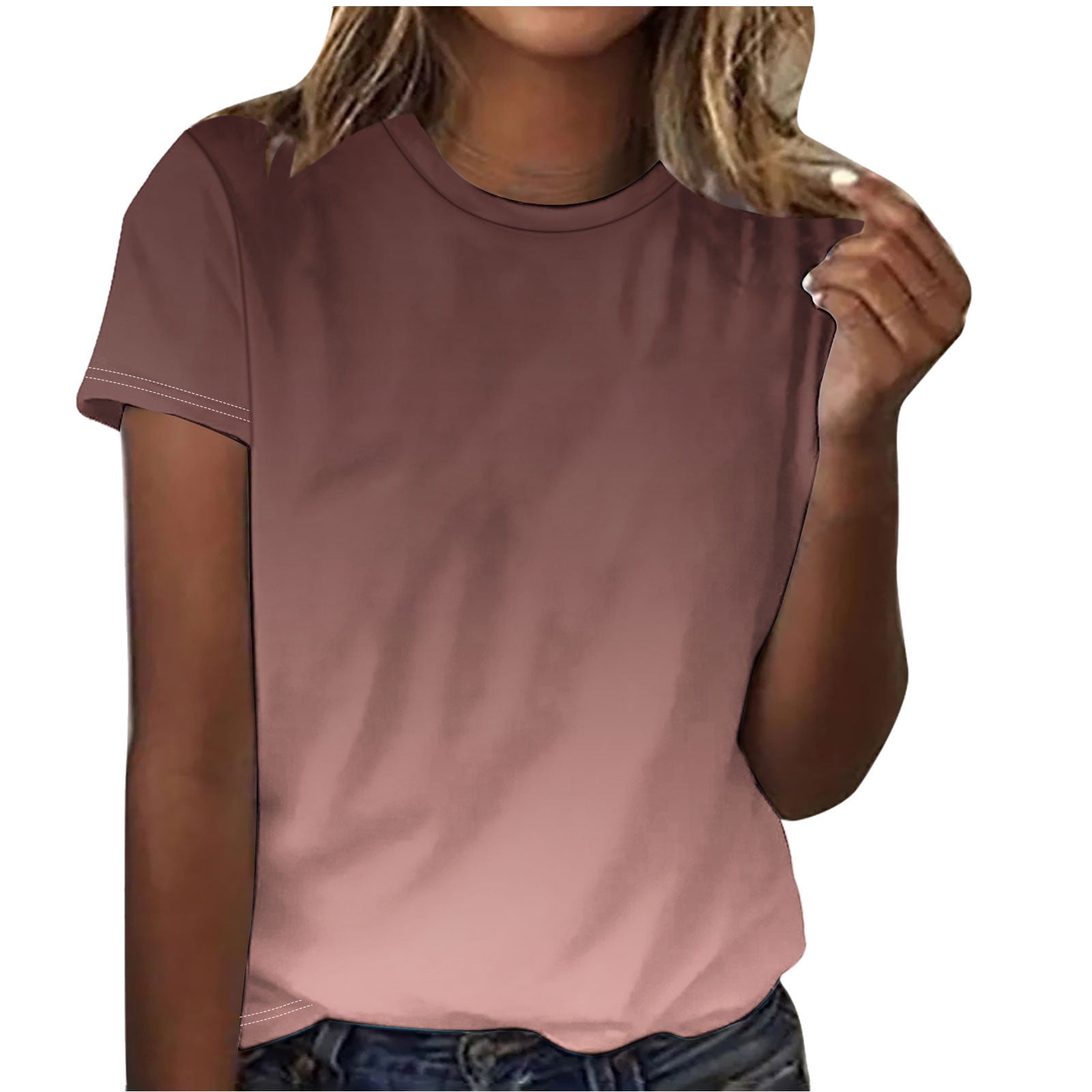 Danhjin Womens Round Neck Short Sleeve Cute T Shirts Gradient Color Summer Tops Casual Loose Tees Trending Nows