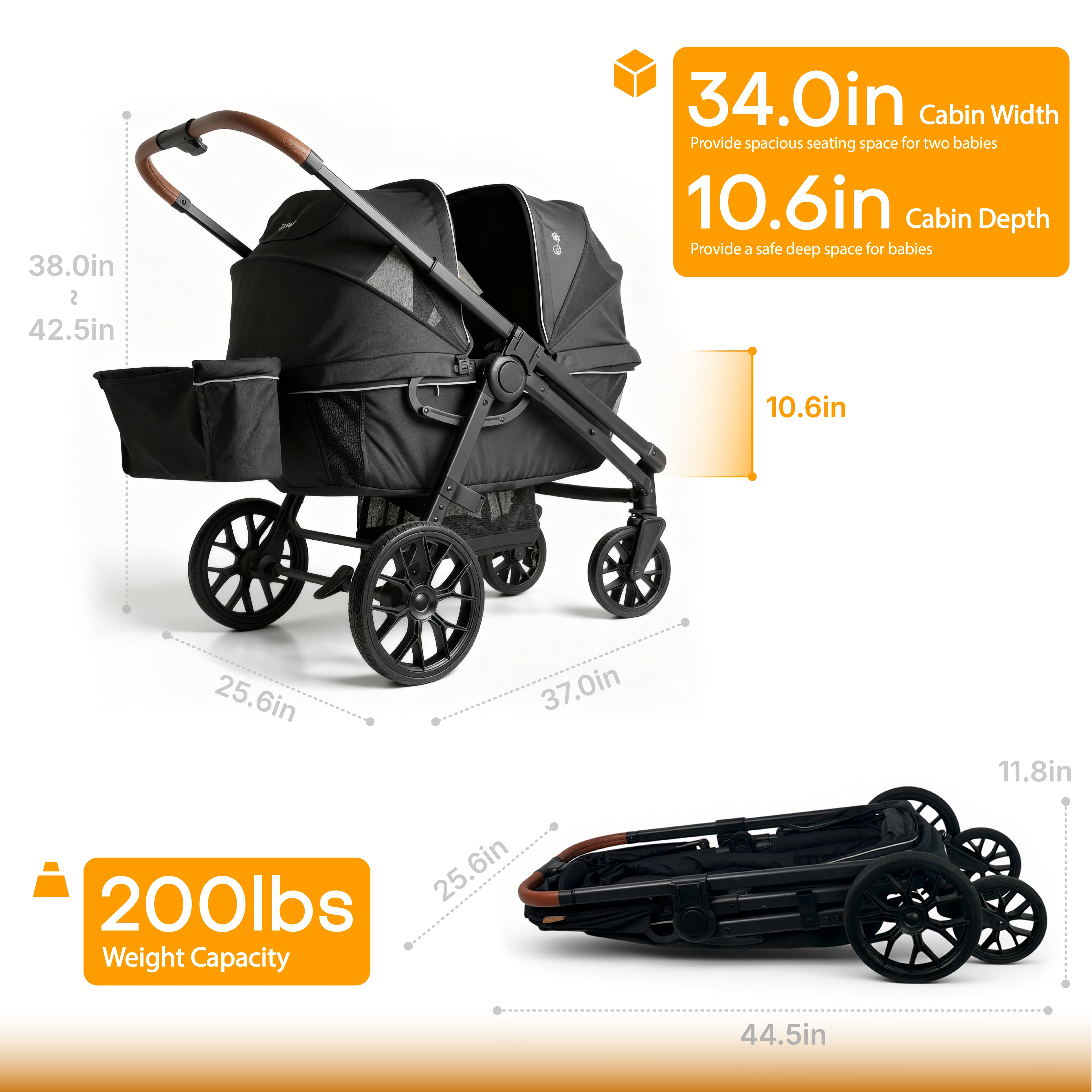 Tandem Wagon Stroller All Terrain 2 Kids Stroller with Canopy Adjustable Handle Snack Tray Cup Holders for Baby Toddler, Black