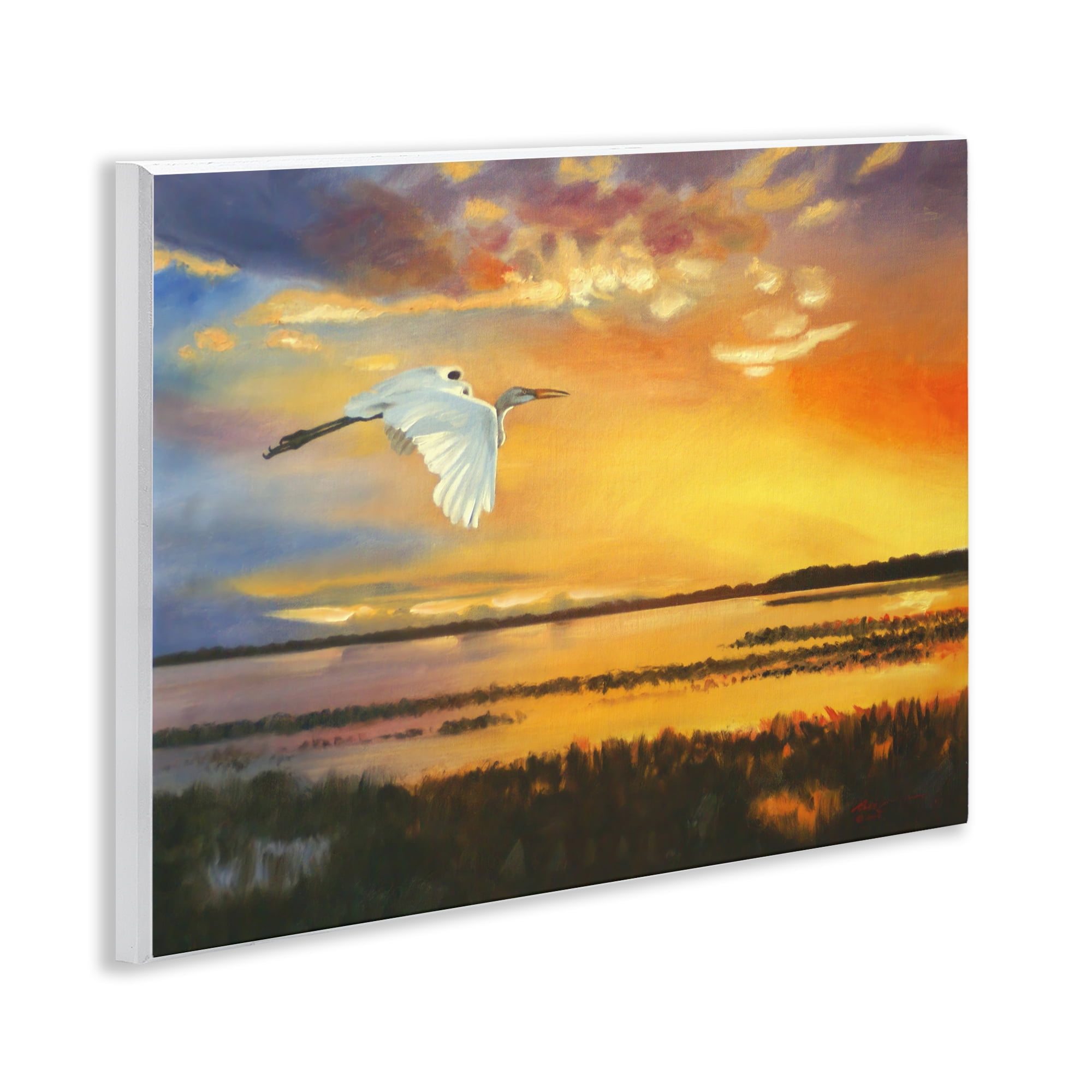 Stupell Industries Bird over Sunlit Pond Landscape Painting Unframed Art Print Wall Art, 14 x 11