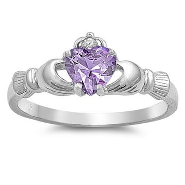 CHOOSE YOUR COLOR Simulated Amethyst Promise Claddagh Ring 925 Sterling Silver Band Purple CZ Female Size 4