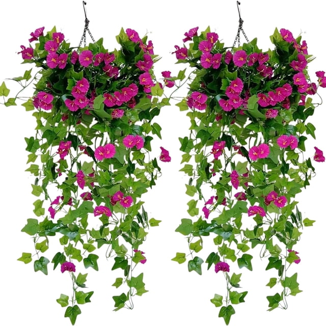 Planta de colgación artificial, 2 piezas de gloria de la mañana de seda plantas colgantes falsas, cestas colgantes de 39 pulgadas, flores artificiales flores de vides para el porche del porche del ba