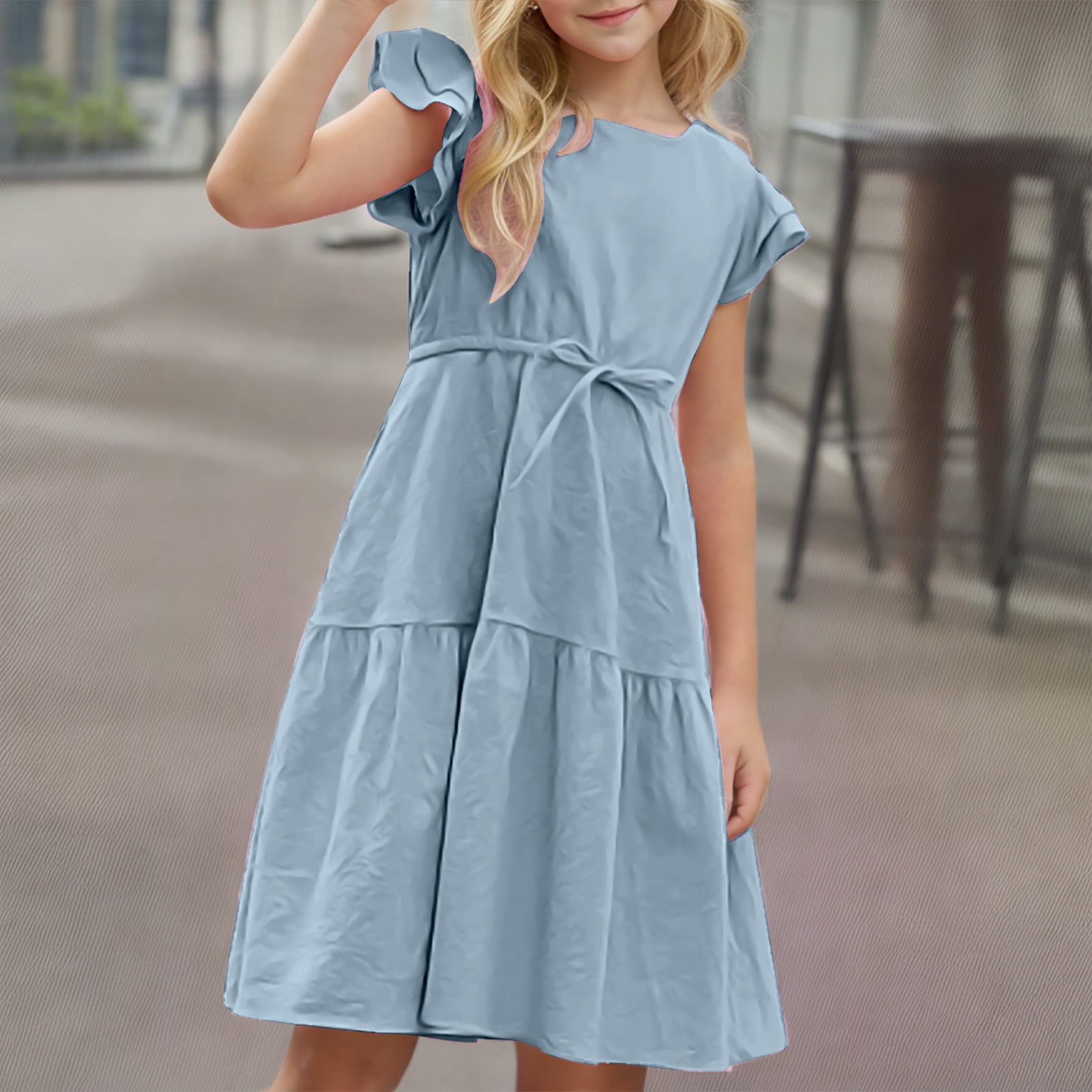 zbxnLI Girls Dress Linen Ruffle Sleeve A-Line Beach Sundress Solid