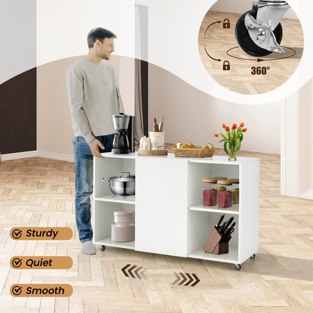 Finihen Storage Cabinet, Wood Storage Cabinet with Wheels and 6 Compartments, for Living Room, White