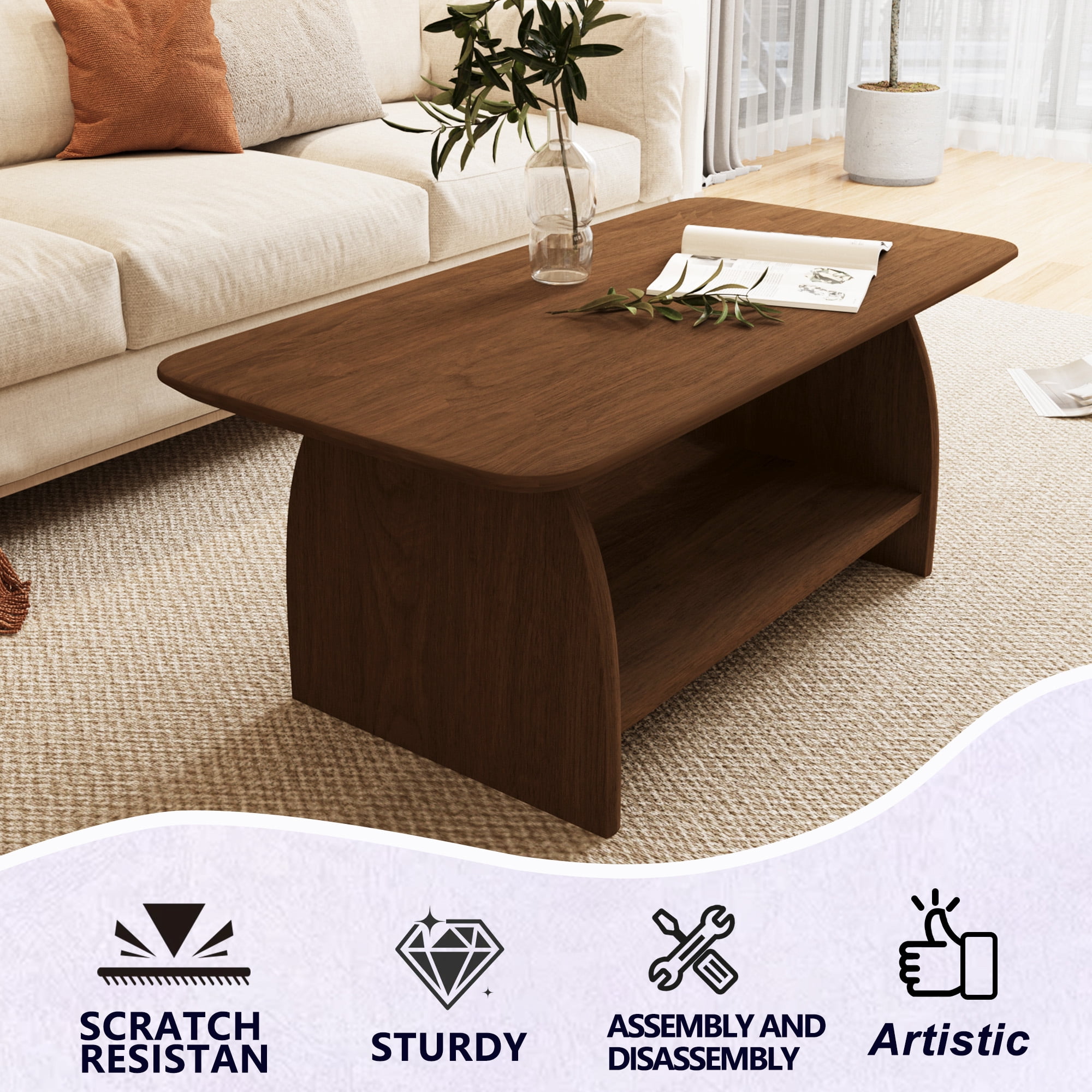 FFZ 47 inch Modern Minimalist Coffee Table with Storage Shelf and Rounded Design, Wood