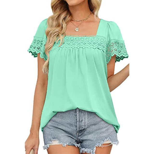Camisa de manga corta para mujer, retales de encaje, Color puro, cómoda, elástica, a la moda, camisa de manga corta de encaje