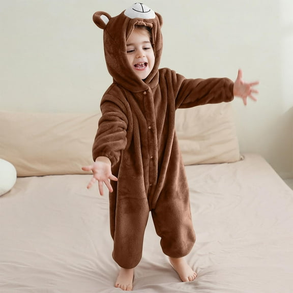 AUNVITO Kids Bear Romper Pajamas Double-Sided Fleece Hooded Ears Button-Up Long Sleeve Winter Cozy Sleepwear