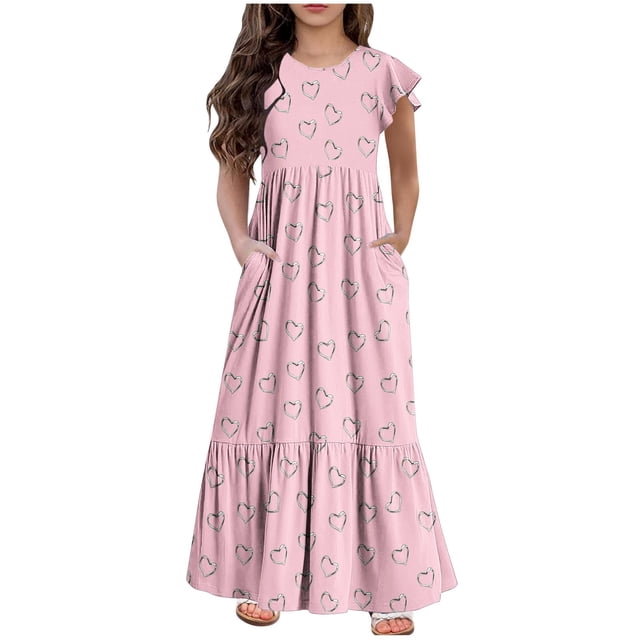 ameIAEA Robe Maxi d'Été pour Filles à Volants Manches Col Rond Décontractée avec Poches