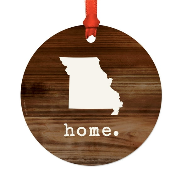 US State Round Metal Christmas Ornament, Rustic Wood Print, Missouri, Includes Ribbon and Gift Bag
