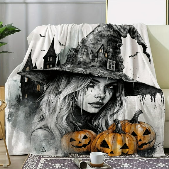 Vintage Witch Castle & Pumpkins Print Flannel Throw Blanket - Digital Print Soft & Cozy Multipurpose Flannel Blanket for Sofa, Bed, Office, Camping, Travel