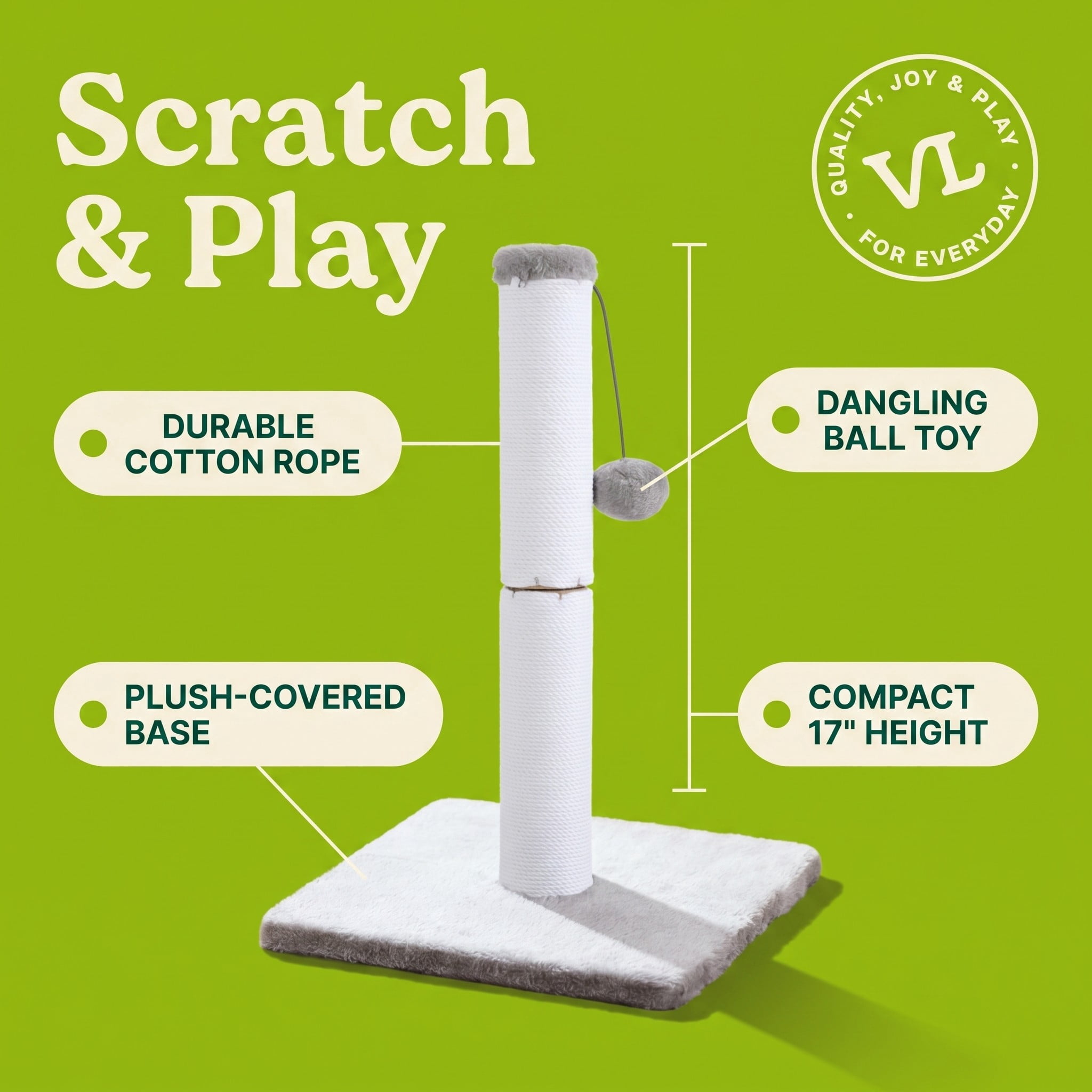Vibrant Life Cat Scratching Post with Cotton Rope and Dangling Ball, White and Gray