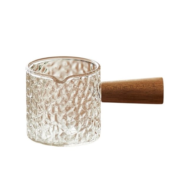 Jarra de leche recta con mango de madera, recipiente for crema de café, olla de vidrio for salsa