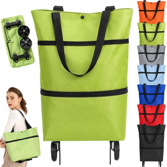 2 in 1 Foldable Shopping Trolley Bag with Wheels, Large Capacity Rolling Grocery Cart, Lightweight Collapsible Shopping Cart for Travel Camping and Shopping