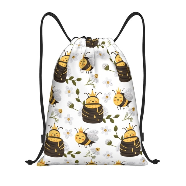 Xecao Honey Bee Insect Pattern Sports Drawstring Backpack - String Swim Gym Bag with Wet Proof Pocket for Women&Men-Small