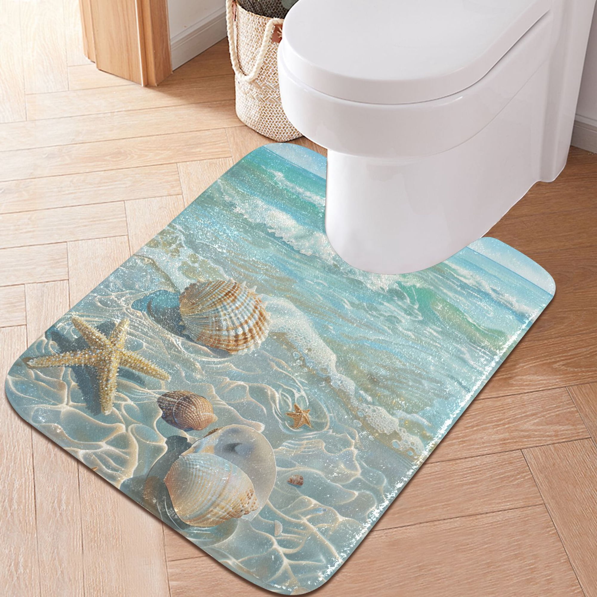 Toilet Rug U-Shaped Bathroom Rugs Non-Slip Soft Plush Machine Washable Contour Bath Mat Seashells Sea Stars Beach 24x20