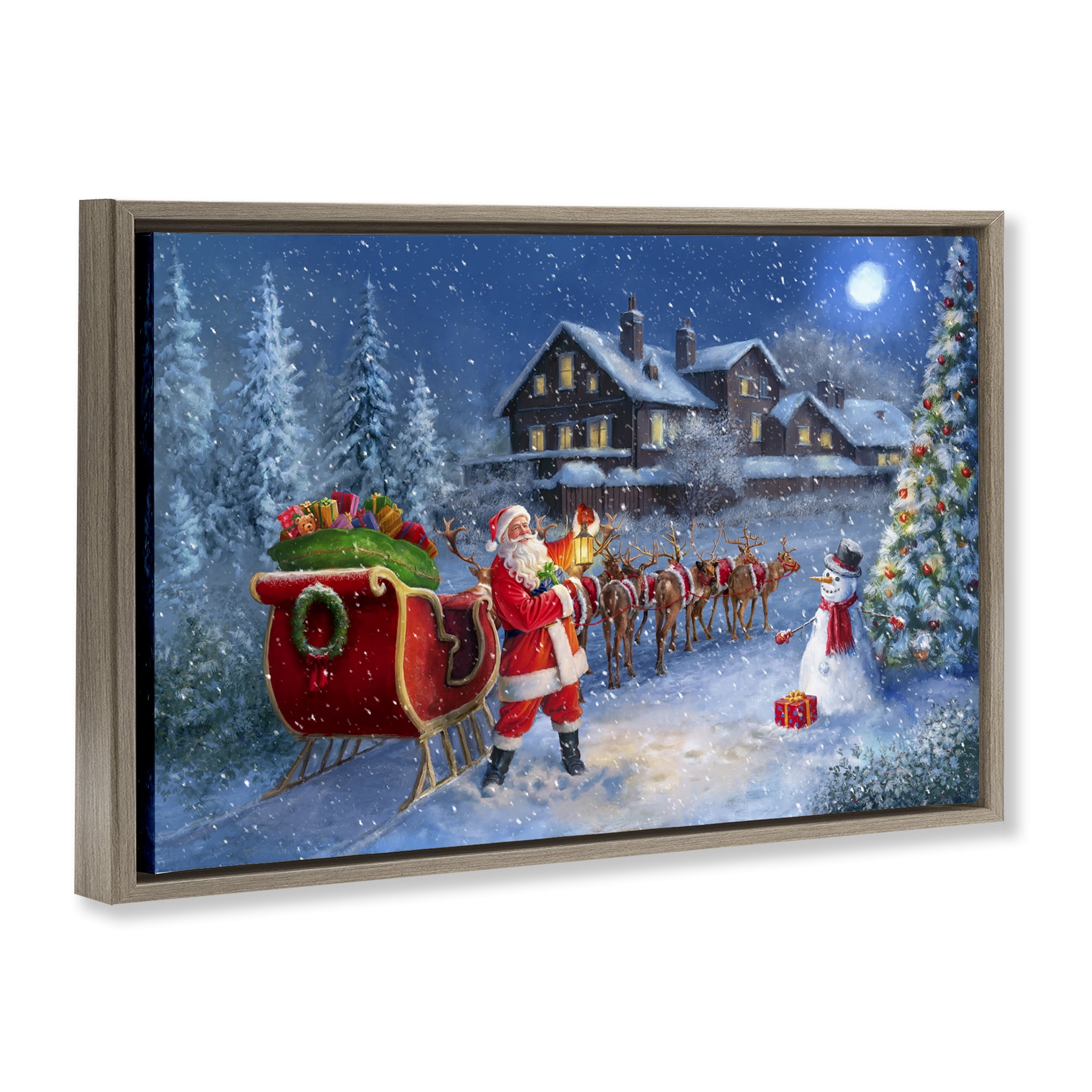 Stupell Industries Santa's Sleigh & Lantern Holiday Painting Brown Floater Framed Canvas Art Prints Wall Art, 31 x 21