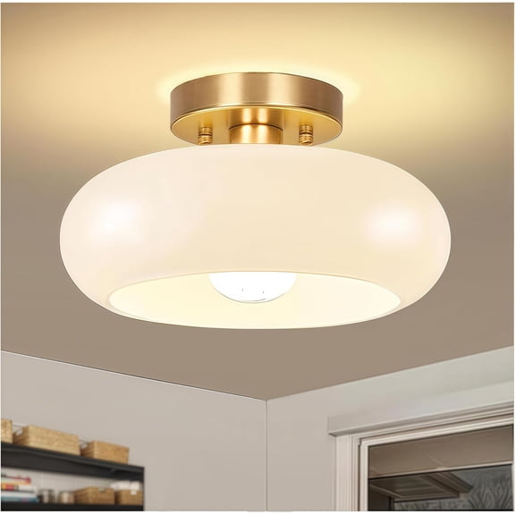 Gold Semi Flush Mount Ceiling Light,11inch Mid-Century Modern Light Fixture, Hallway Light Fixtures with White Milk Glass Shade,Vintage Lighting fixtures for entryway,Bedroom,Kitchen,Porch