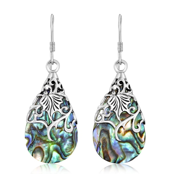 Floral Vine Ornate Teardrop Abalone Shell Sterling Silver Earrings
