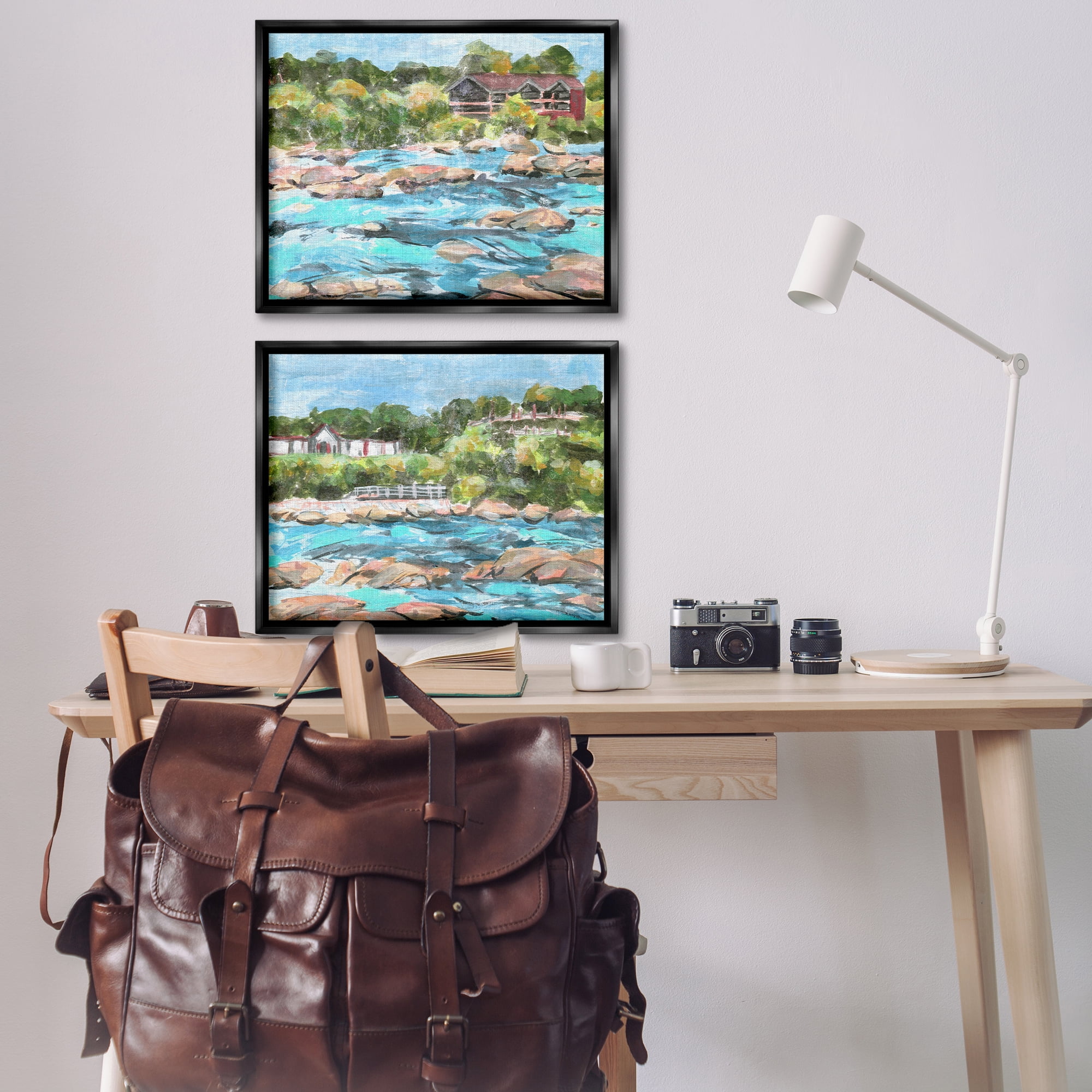 Stupell Industries Flowing River Rocks Nautical & Beach Painting Black Floater Framed Canvas Art Print Wall Art, 31 x 25, Set of 2