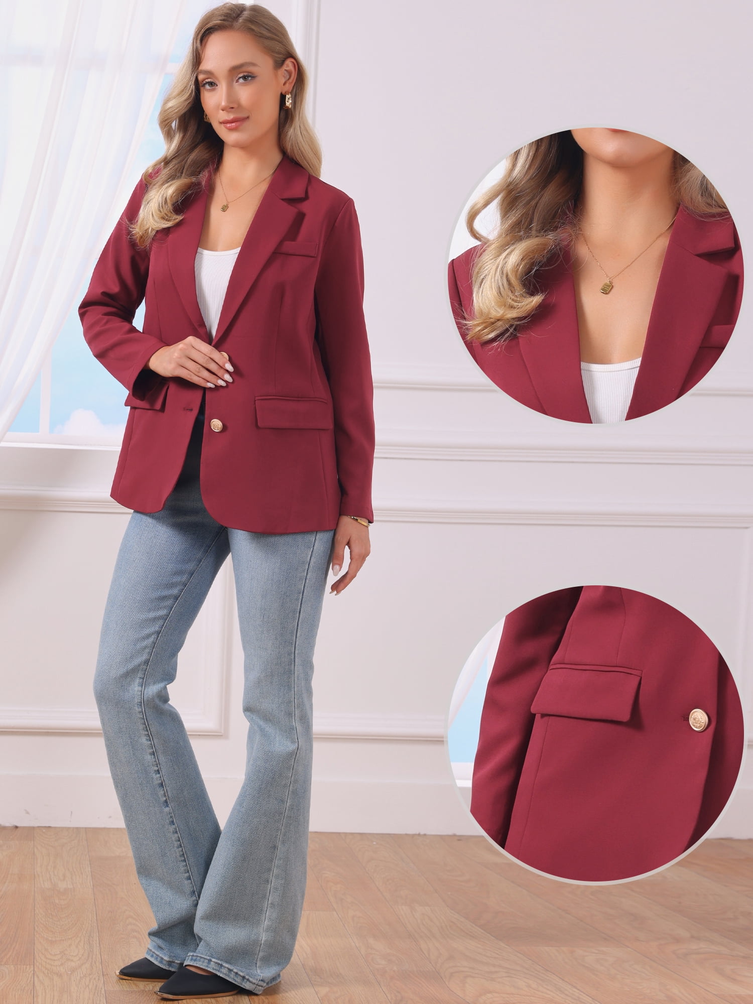 DARING DIVA Women's Business Casual Single Breasted Jacket Office Suit XL Wine Red