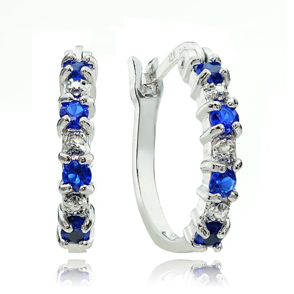 Sterling Silver Created Blue Sapphire & Diamond Accent Hoop Earrings