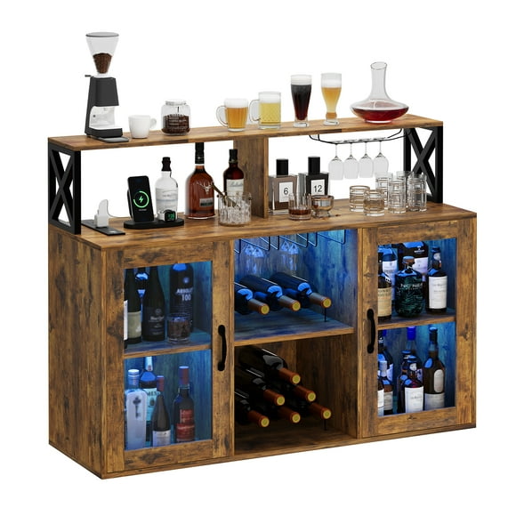 Armoire de Bar à Vin avec Lumière DEL, Armoire de Bar à Café Industrielle avec Casier à Vin, Porte-Verre et Prises de Courant, Buffet Bahut de Cuisine pour Salon et Salle à Manger