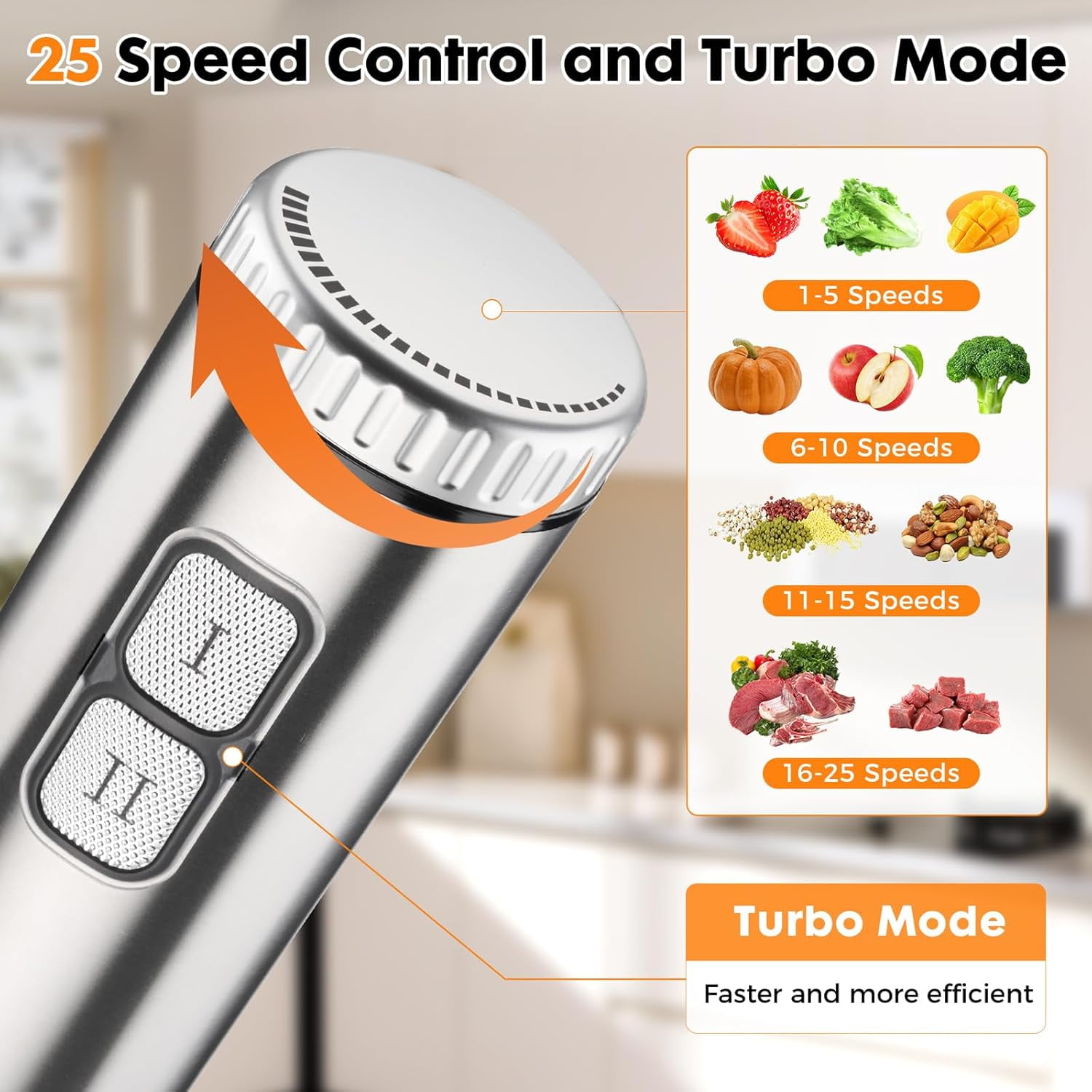 Immersion Hand Blender 8-in-1 with 25 Speeds, 1000W Motor, Stainless Steel Blades for Smoothies, Soups, and More