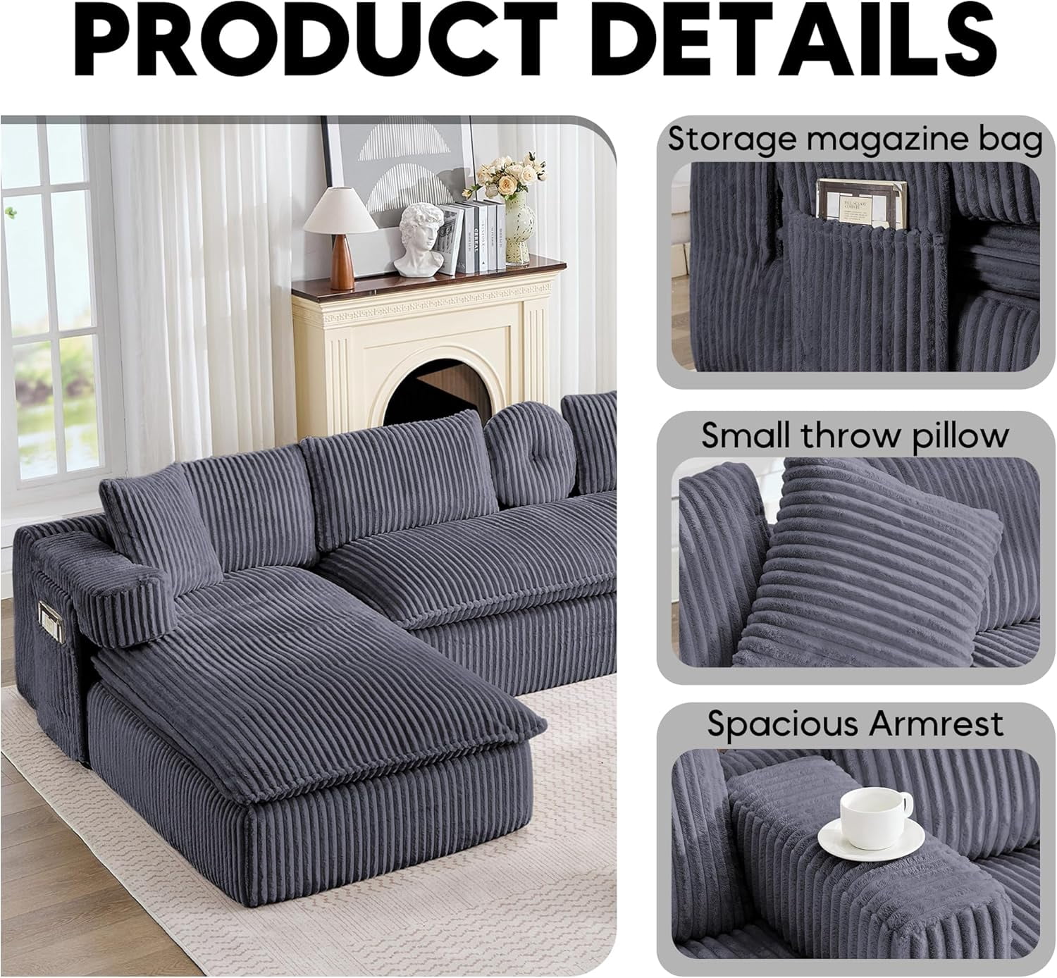 Howcool 149"W Oversized Modular Sectional Sofa,7-in-1 Corduroy U Shaped Sofa Couch with Double Chaise Lounge,Convertible Sleeper Sofa Bed,Deep Seat Cloud Couch for Living Room,Dark Gray