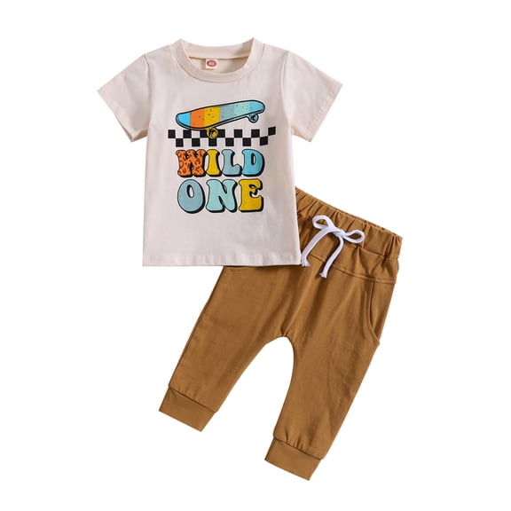 Bagilaanoe 2pcs Toddler Baby Boys Long Pants Set Short Sleeve Letter Print T-Shirts Tops   Trousers 6M 12M 18M 24M 3T Kids Casual Outfits