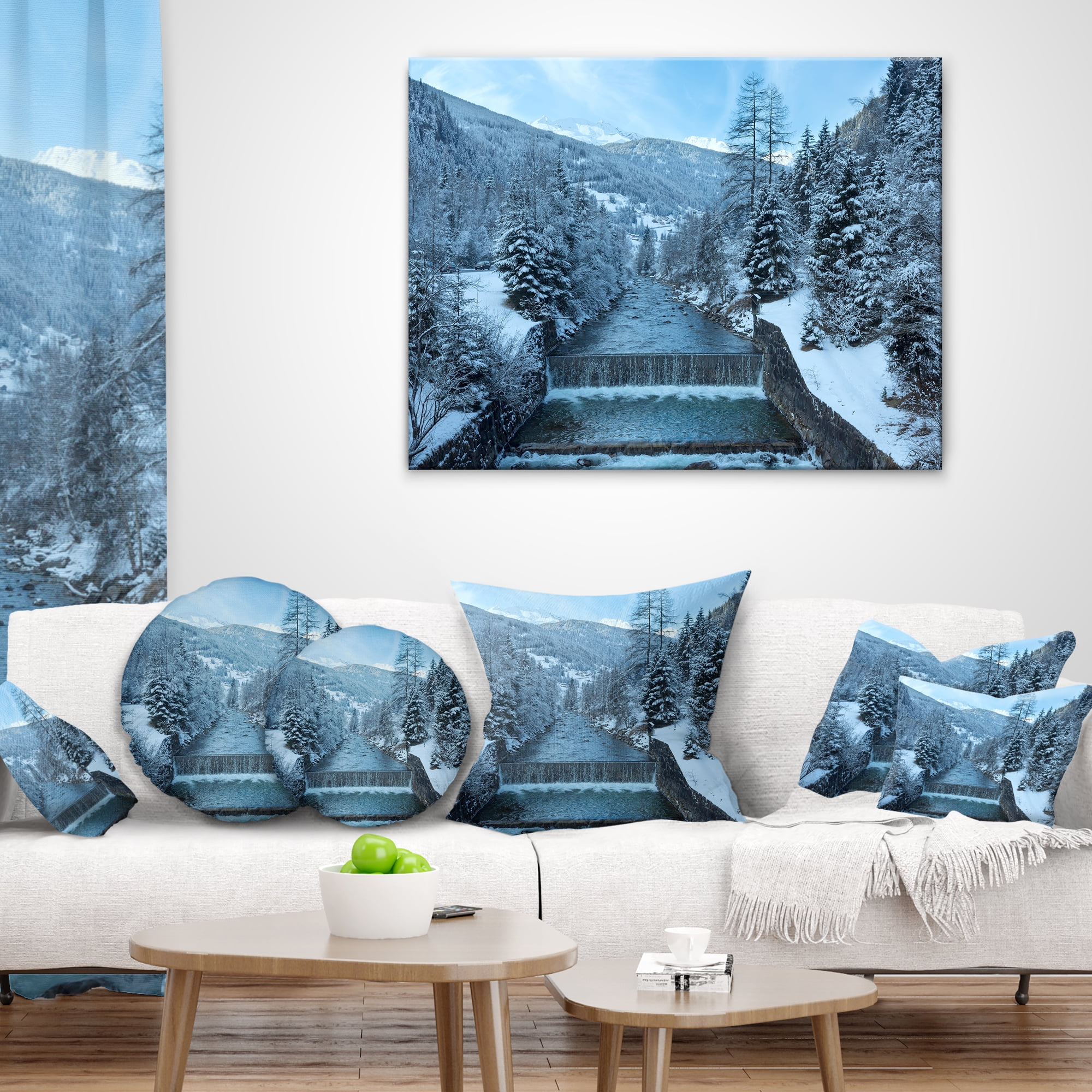 Designart Winter Mountain Stream - Landscape Photography Throw Pillow - 12x20