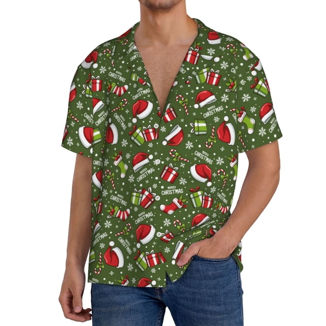 Balery Christmas Hat sock Camisa Casual de Manga Corta con Botones para Hombre, Texturizada, Estilo Cubano, para Playa, Verano-Medium