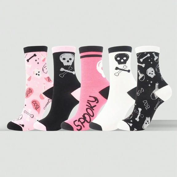 5 Pairs Pink Halloween Socks for Women Novelty Pumpkin Ghost Pattern Cotton Crew Sock Gifts for Halloween