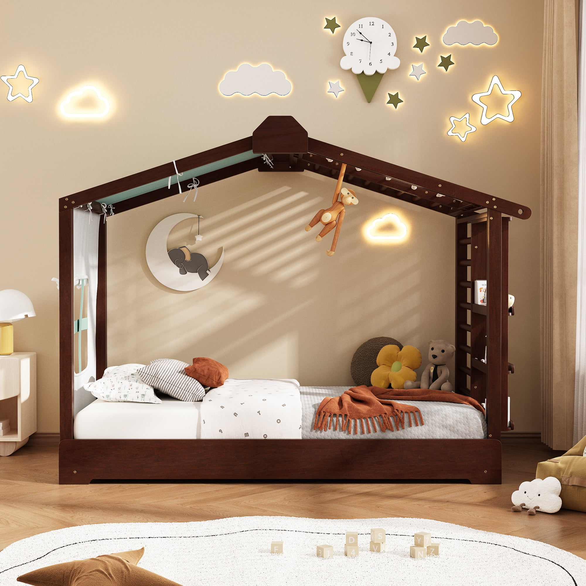 Twin Size House Bed with Twin Size Trundle and Side Shelves, Espresso
