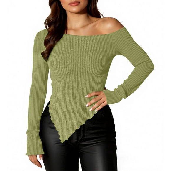 HongQid Women's Spring Long Sleeve Y2K Crop Top Trendy Off Shoulder Asymmetrical Fitted Knit Tee Shirts Going Out Tops