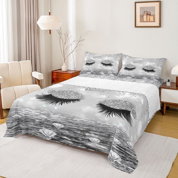 Castle Fairy Teens Girly Eyelash Twin Sheet Sets,Bling Crystal Glitter Print Bedding