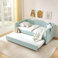 thumbnail image 4 of MIKIBAMA Cyan Twin Size Gingham Upholstered Daybed with Pull‑Out Trundle, Solid Wood Frame, Side Storage Pockets, Sofa Bed for Guest Bedroom, 4 of 8