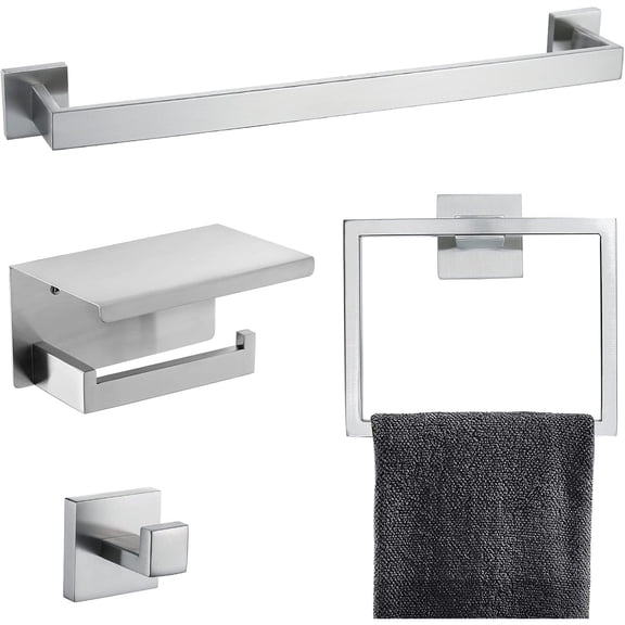 Brushed 4-Piece Bathroom Hardware Set Premium Stainless Steel Bath Towel Bar Sets Wall Mounted Bathroom Toilet Paper Holder with Shelf Set, 23.6 Inch