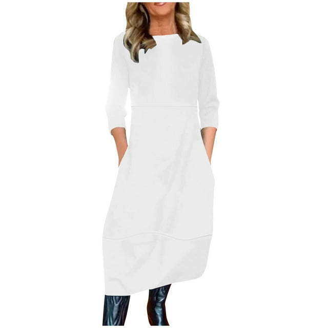 Robe Tunique à Manches Longues pour Femmes Grande Taille, Robes Maxi d'Automne Amples Décontractées Unies Longues avec Poche, Blanc, P