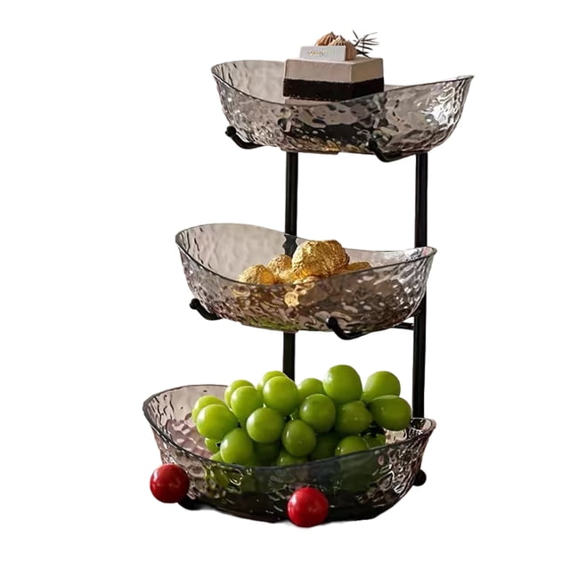 Bewildely Frutero grande de plástico de tres niveles con soporte de hierro para frutas, aperitivos, postres y verduras. Mostrada Color gris de 3 cuadrículas
