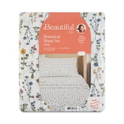 Beautiful by Drew Barrymore 4-Piece Queen Sheet Set, 100% Cotton Washed Percale, White Botanical