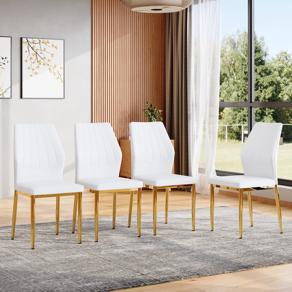 Dining Chair Set of 4, Gold & White Color Scheme, 37 inches High, Ergonomic PU Backrest for Dining Room