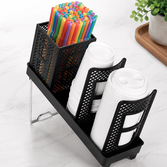 3-Compartment Countertop Beverage Pod Holders & Cup Dispenser Rack – Clear Storage Organizer with Straw and Lid Holder, Fits 5-20oz Disposable Paper Cups for Kitchen, Office Breakroom, Cafe, and Bar