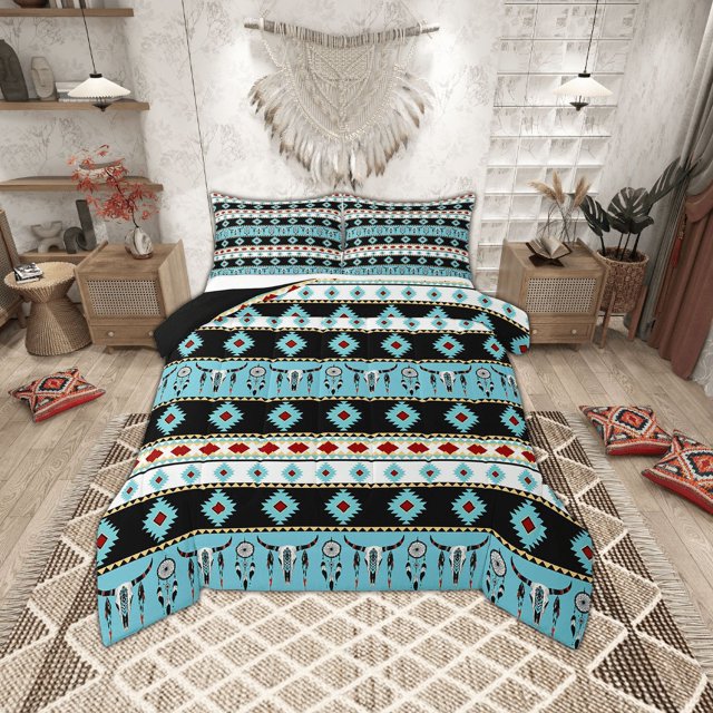 Erosebridal Blue Aztec Patchwork Bedding Twin Comforter Set, Rustic Cow Skull Tribal Dreamcatcher Down Comforter, Reversible 2 Pieces