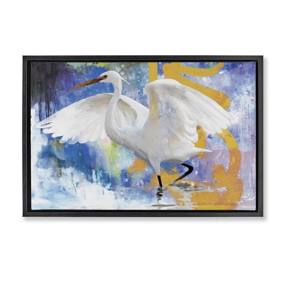 Stupell Industries Egret & Abstract Splash Animals Painting Black Floater Framed Canvas Art Print Wall Art, 25 x 17