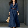 thumbnail image 2 of Women's Collared Button Front Shirt Maxi Dress, Long Sleeve Waist Tie Belted Dress, Casual Commuter Vacation Flowy Long Dress for Summer Outfits Dark Blue M(M), 2 of 9