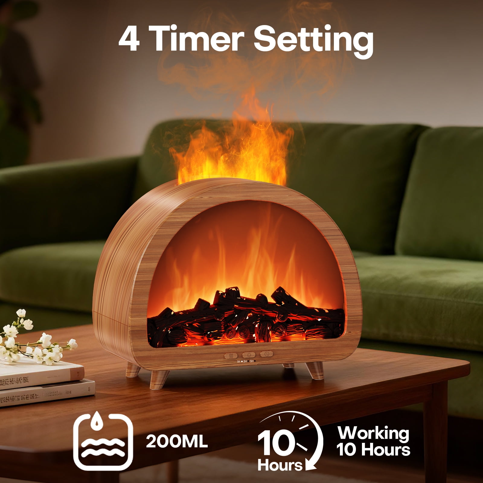 Diffuserlove USB fireplace flame humidifier, an essential oil diffuser with remote control and timer, can be set to turn off, 7 types of lights, suitable for home, bedroom and office